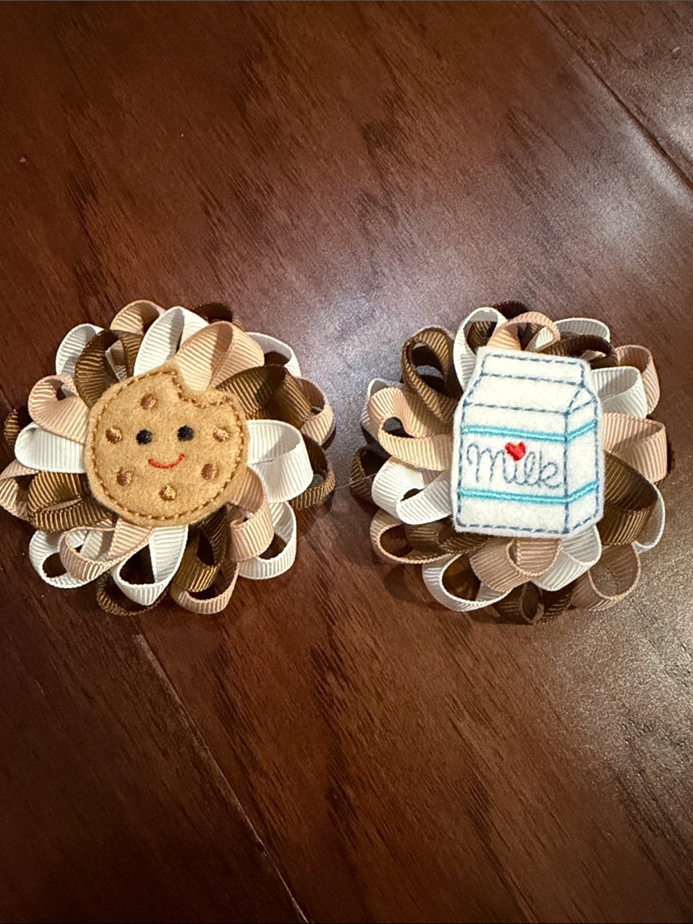 Kids Cookie & Milk Ribbon Hair Clips - Brown and Cream